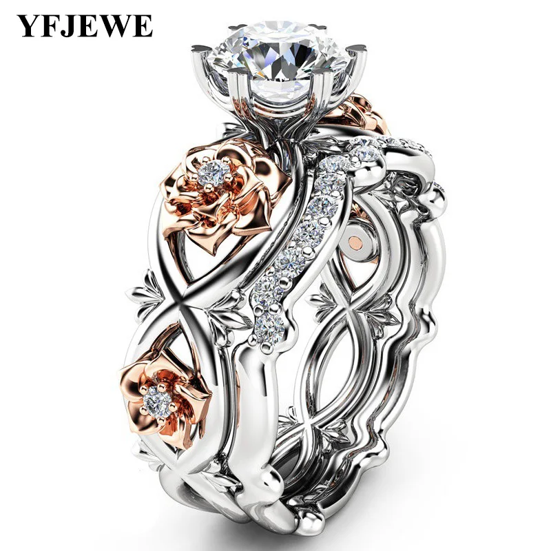 YFJEWE 2018 New 2pcs Austrian Crystal Jewelry Cubic Zirconia Rose Flower Wedding Rings for Women #R016 | Украшения и аксессуары