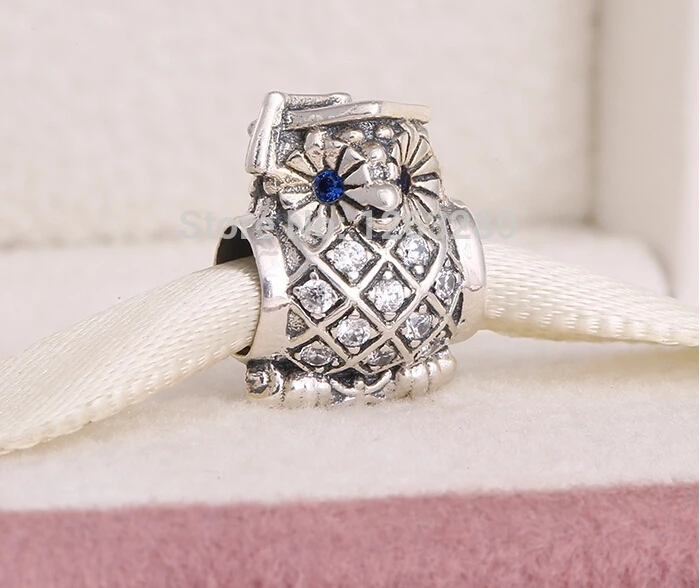 

2015 Spring collection authentic 925 sterling silver owl charms with swiss blue zircon fits famous brand diy bracelets SH0613