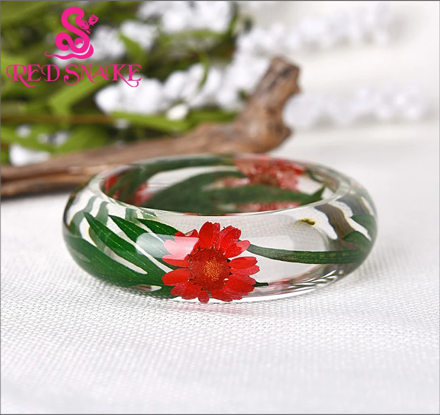 Красная змея Мода Чистый ручной красный цветок с зеленой форма листьев внутри прозрачный пластик браслет для женщин