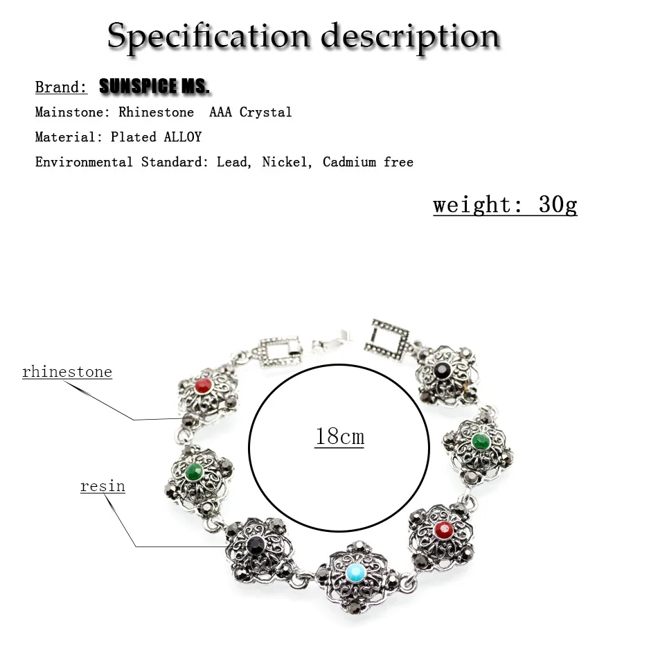 SUNSPICE MS, индийский женский винтажный браслет, Богемские Этнические украшения, серебряный цвет, браслеты из смолы, ювелирные изделия с кристаллами