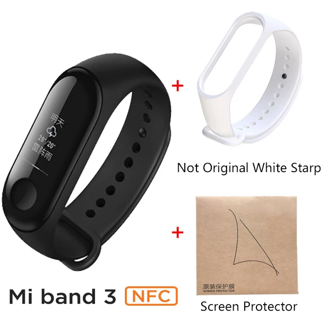 Xiaomi Mi band 3 NFC версия 0,7" OLED большой сенсорный экран новые умные браслеты браслет - Цвет: add white starp