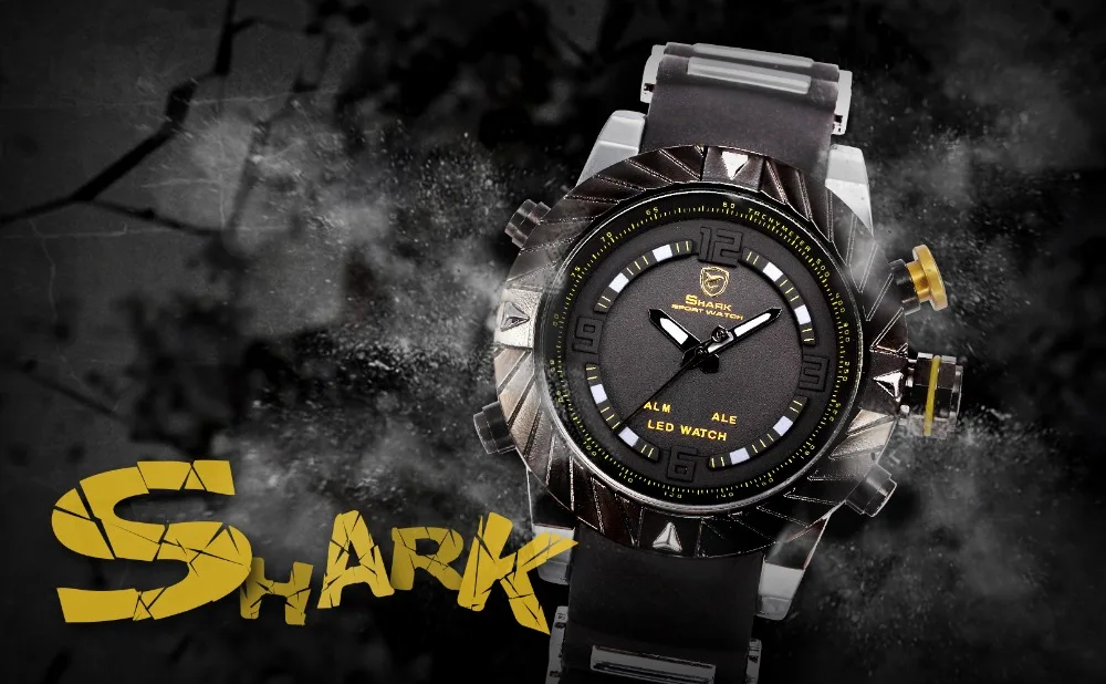 Goblin Shark Sport Watch 3D Logo Dual Movement Waterproof Full Black Analog Silicone Strap Fashion Men Casual Wristwatch / SH165