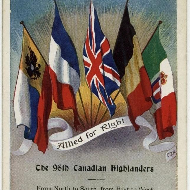 Ww1 - 96Th Battalion (Canadian Highlanders) - Allied Flags Print By Mary Evans Grenville Collins Postcard Collection