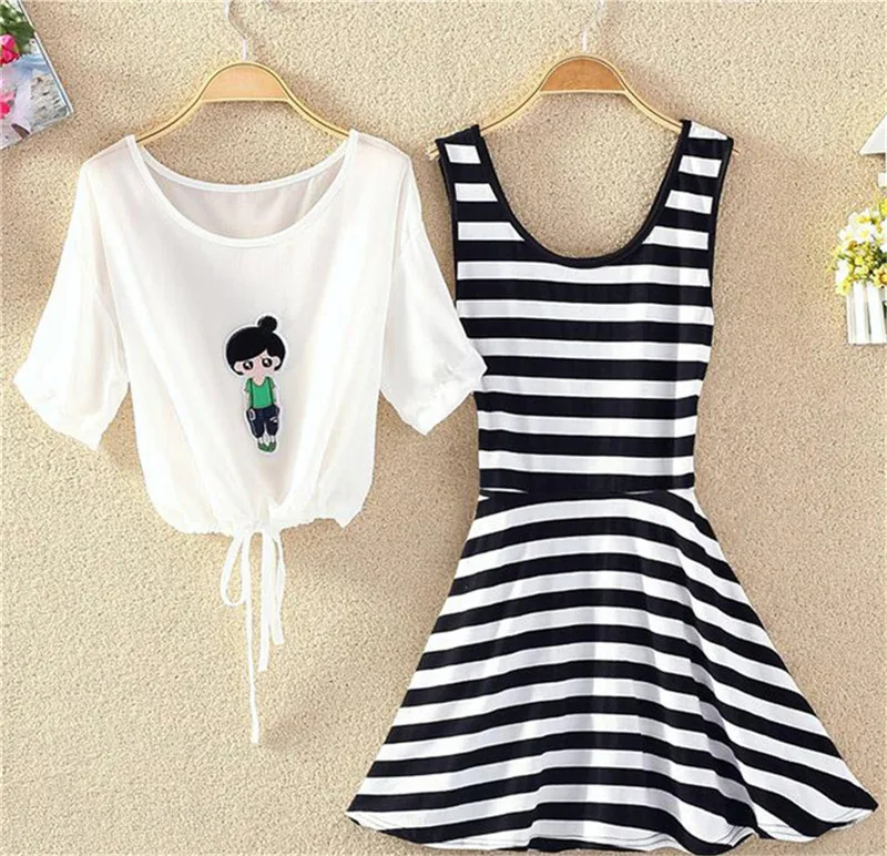 Fashion 2 Pieces Dress 2019 Women Striped Summer School Dress With Cappa Casual Dresses Teenage Girl Clothes Vestidos De Fiesta (8)