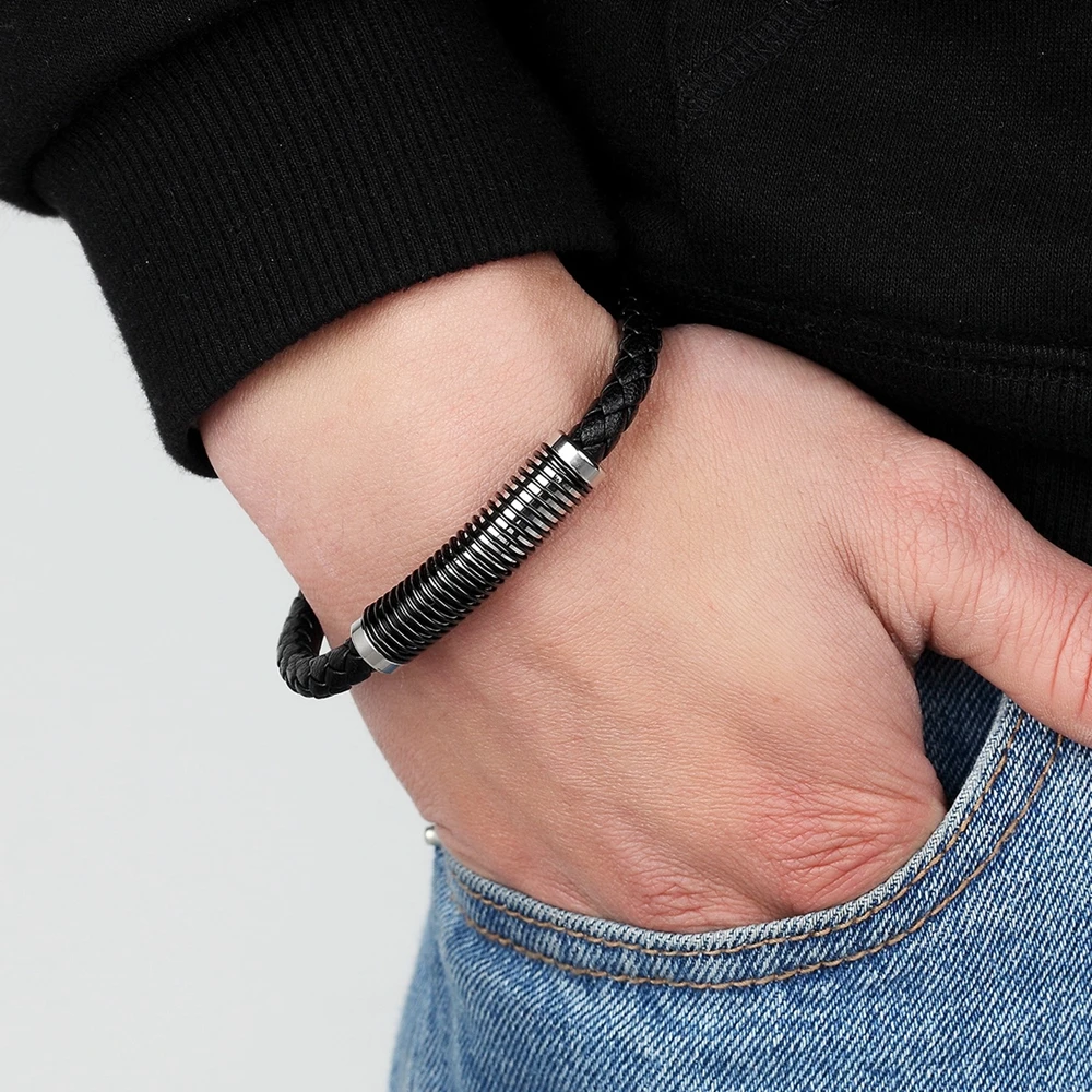 XQNI New Arrival Gift Simple Design 5 Styles For Choices 19/21CM Genuine Leather Bracelet Stainless Steel Accessories Jewelry