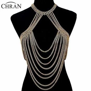 

Chran New Fashion Gold Color Bib Multi Layer Tassel Necklace Chain Bra Bikini Harness Punk Slave Beach Chain Jewelry BDC833