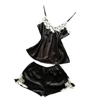 

Sexy Silk Satin Pajama Set Lace Sleeveless V-neck Sleepwear Home Wear Sleep Wear Set