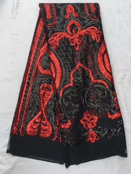 

Free shipping 2017 latest royal net gauze net Africa French lace lace fabric mesh fabric quality with red black sequins LY2087
