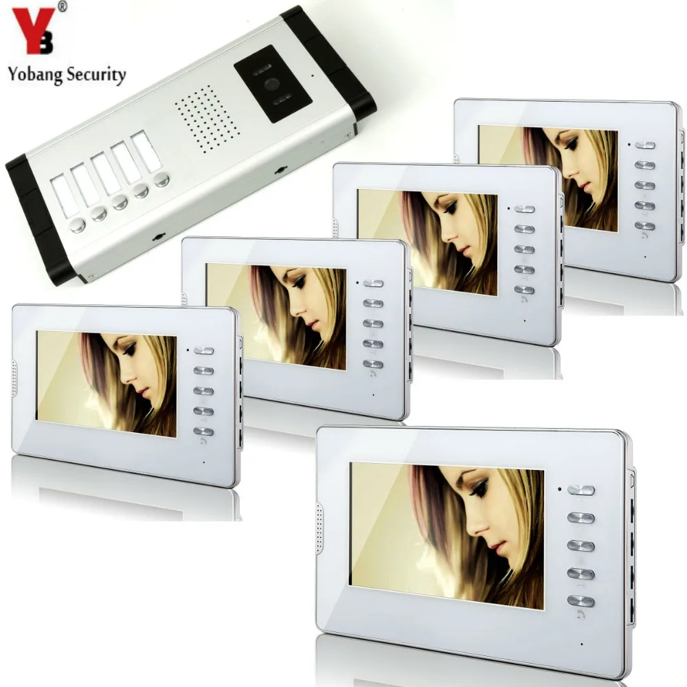 

Yobang Security 5 Units Apartment Doorbell 7'Inch Monitor Wired Video Door Phone Doorbell Speakerphone Intercom Camera System