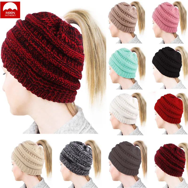 القمر الشتاء امرأة قبعة الصوف محبوك هول كاب ذيل حصان جديلة التزلج القبعات جديد أزياء الدافئة الشباب البرية الترفيه فتاة قبعة