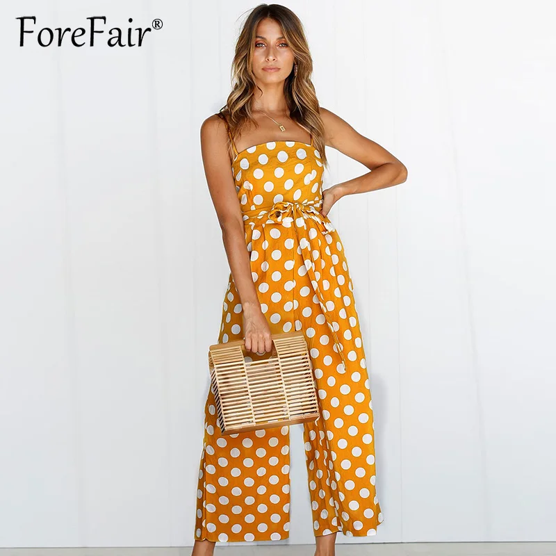 Женский комбинезон в горошек Forefair тканый без бретелек с поясом широкие брюки на