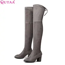 QUTAA 2018 Ladies Autumn/Spring Shoes Square High Heel Women Over The Knee Boots Scrub Black Woman Motorcycle Boots Size 34-43