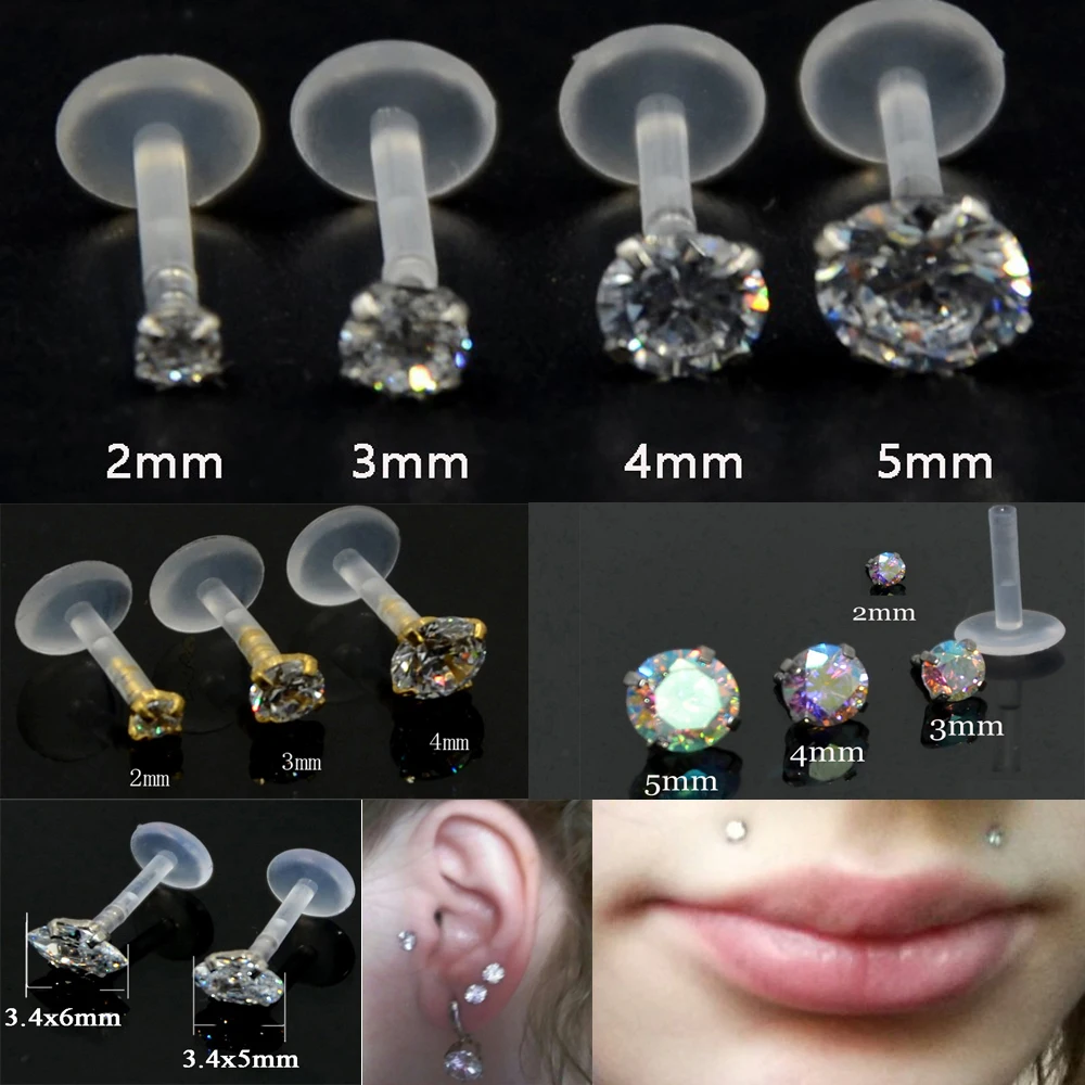 

1pc Gold Silver Top with Prong Set Zircon Ear Tragus Cartilage Flexible Bioplasti Labret Monroe Lip Stud Ring Piercing Jewelry