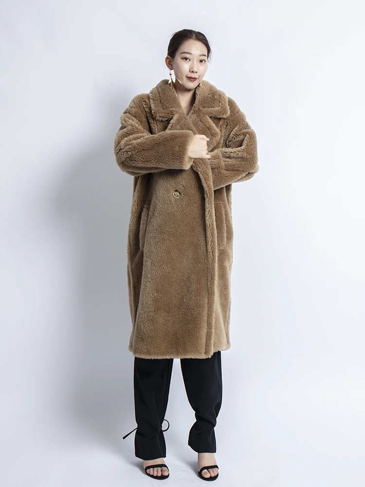 new real sheep fur coat long style camel teddy bear icon coat Oversized Parka Thick Warm Outerwear winter women coat