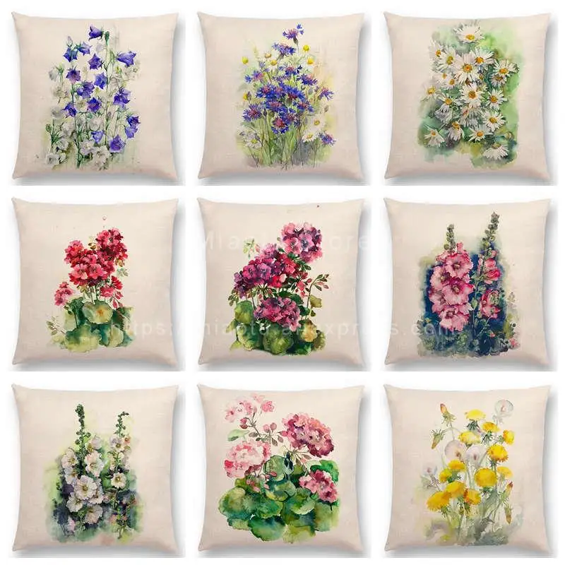 Watercolor Flowers Linen Cushion Cover Bluebells Geranium Cornflowers Hollyhocks Bouquet Floral Aquarelle Sofa Throw Pillow Case