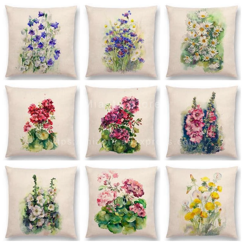 Watercolor Flowers Linen Cushion Cover Bluebells Geranium Cornflowers Hollyhocks Bouquet Floral Aquarelle Sofa Throw Pillow Case Cushion Cover Throw Pillow Caseslinen Cushion Cover Aliexpress