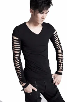 

Punk Spring Gothic Close-fitting Shirts With V-Neck Solid long-sleeve T-shirt Black Hollow out shirt