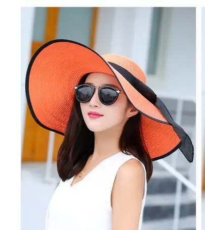 PLOERMIN, новинка, модная женская соломенная шляпа с широкими полями, с бантом, с лентой, шляпы от солнца, повседневная женская летняя пляжная шляпа с защитой от ультрафиолета - Цвет: Orange