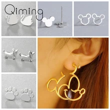 Серебряные милые женские серьги Микки Минни чехол с Дональдом и Дейзи Лебедь собачья лапа милые животные Маленькая детская Сережка с героями мультфильмов подарок