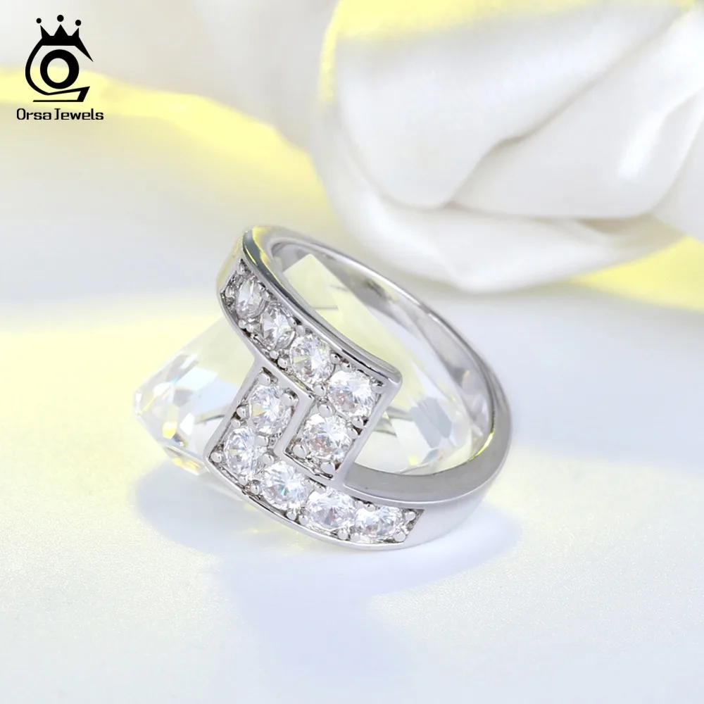 ORSA JEWELS Ring For Women Silver Color AAA Shiny CZ Handmade Prong Setting Tetris Pattern Finger Rings Female Jewelry OR175