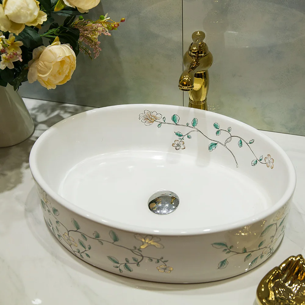 تشى الحمام فوق مكافحة حوض السيراميك الحمام الغرور الحمام بالوعة حوض اليد رسمت الذهب السحلية LO6201102