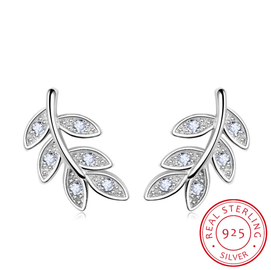 

925 Sterling Silver Olive Branch Leaves Stud Earrings Micro Pave Cubic Zirconia For Women Girls Fine Jewelry Brincos
