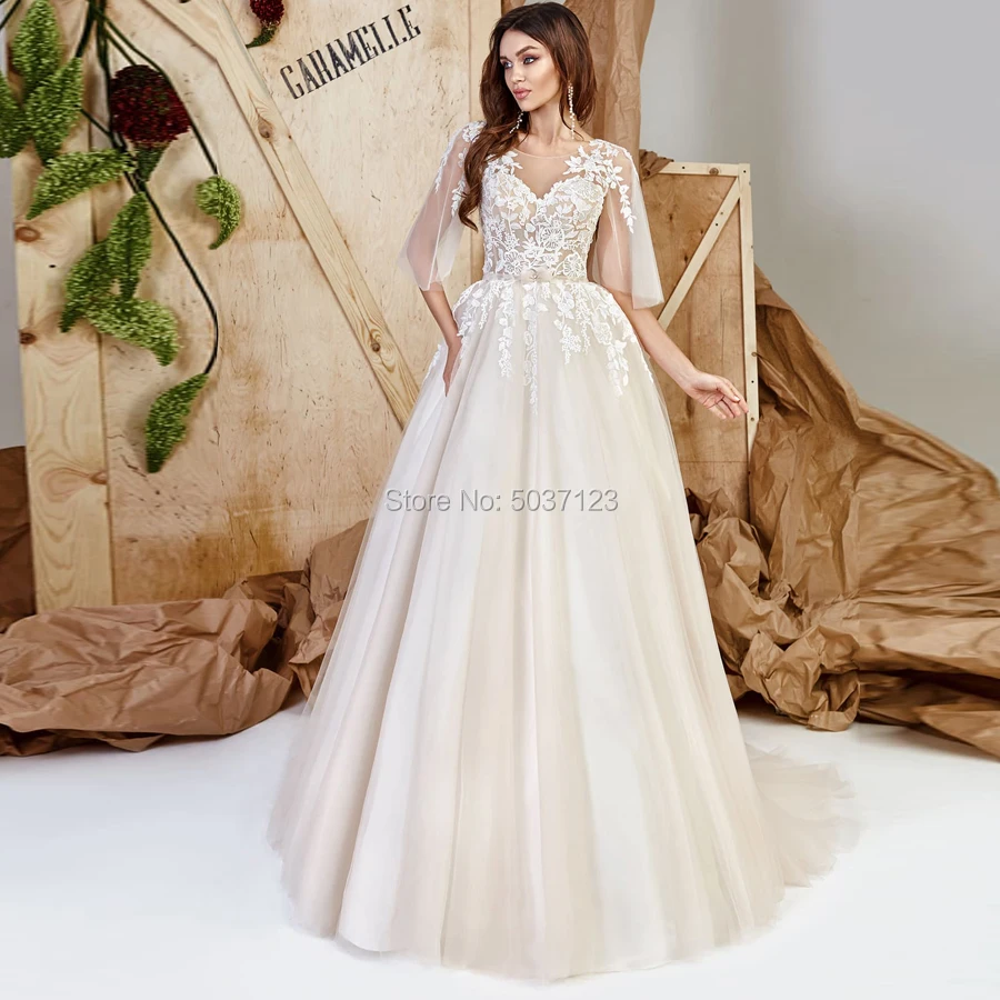 

Half Sleeves Wedding Dresses Lace Appliques Scoop Open Back Floor Length Court Train Tulle Vestido De Noiva Bridal Wedding Gown