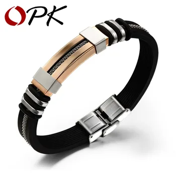 

OPK Brand Fashion Genuine Silicone Men Bangles Classical Rose Gold Color Stainless Steel Charm Jewelry Accessory Wristband PH793