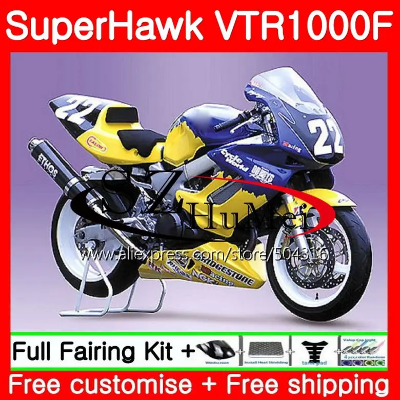 Комплект для HONDA SuperHawk VTR1000F 97 98 99 00 01 108SH. 7 синего и желтого цвета VTR1000 F VTR 1000F 1000 F 1997 1998 1999 2000 2001 обтекатель