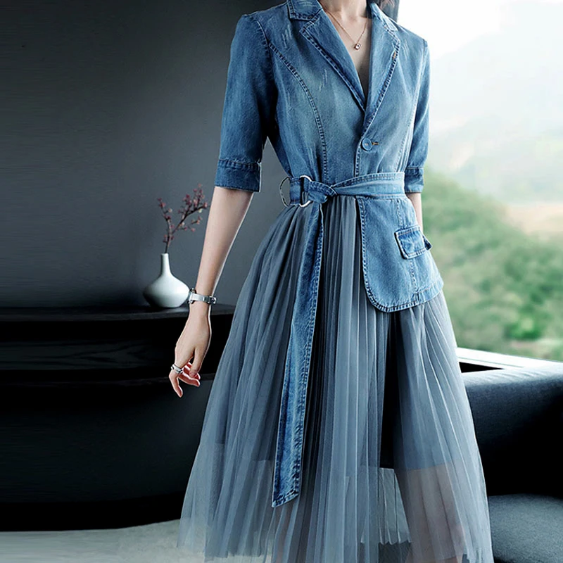 Джинсовое Сетчатое платье для женщин, весна-осень, новое приталенное джинсовое платье трапециевидной формы с коротким рукавом