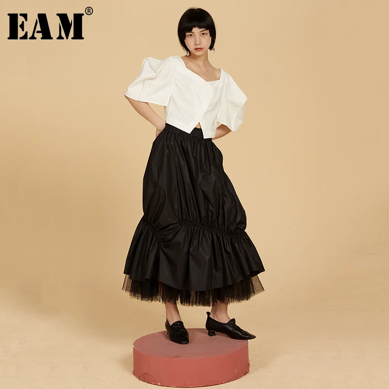 

[EAM] 2019 New Spring Summer High Elastic Waist Black mesh stitch pleated personality Half-body Skirt Women Fashion Tide JU830