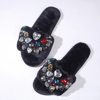 

Home Winter Colorful Crystals Women Plush Exposed Toe Slippers Indoor Faux Fur Non-Slip Soft Bedroom Flat Shoes