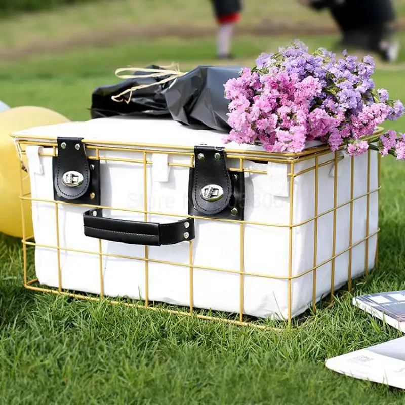

Outdoor Picnic Basket, Wrought Iron Ins Basket With Cover Insulation Waterproof Fruit Snacks Receive Basket Tubas Shopping Baske