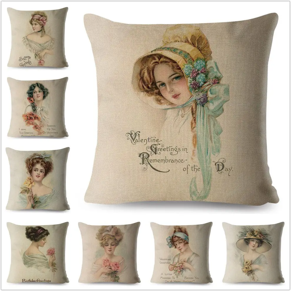 Europe Vintage Woman Lady Girl Print Throw Pillow Cushion Covers Linen Pillow Europe Vintage Woman Lady Girl Print Throw Pillow Cushion Covers Linen Pillow