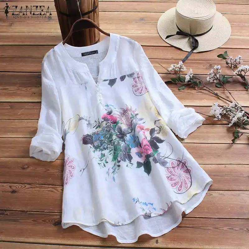 ZANZEA Elegant Printed Shirt Women's Autumn Blouse Vintage Floral Casual Blusas Female Long Sleeve Shirts Plus Size Blusas