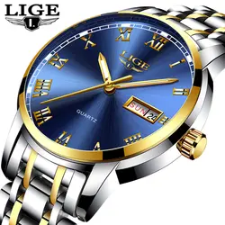 Lige Top Элитный бренд Для мужчин Нержавеющая сталь золотые часы Для мужчин кварцевые часы для мужчин, спортивные Водонепроницаемый наручные