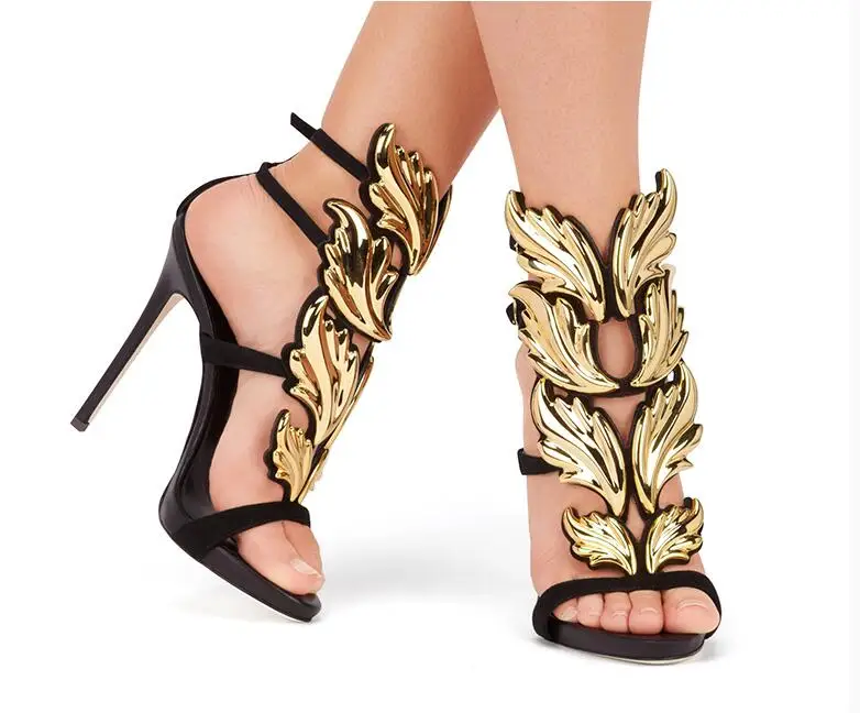 

Qianruiti Women Gold Silver Yellow White Cruel Summer Leaves Angle Wings Shoes Woman Buckle Strap Gladiator High Heels Sandals