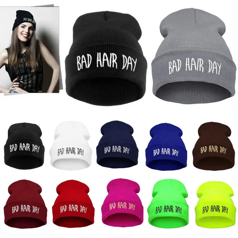 Зимние шапки унисекс для мужчин и женщин, шапка с надписью «Bad Hair Day», шапка с застежкой сзади, женская вязаная шапка в стиле хип-хоп, панк, спортивная Лыжная Шапка Кепка