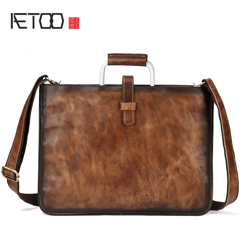 

AETOO New European and American business Men's briefcase tree ointment leather man bag retro men's handbag casual shoulder bag