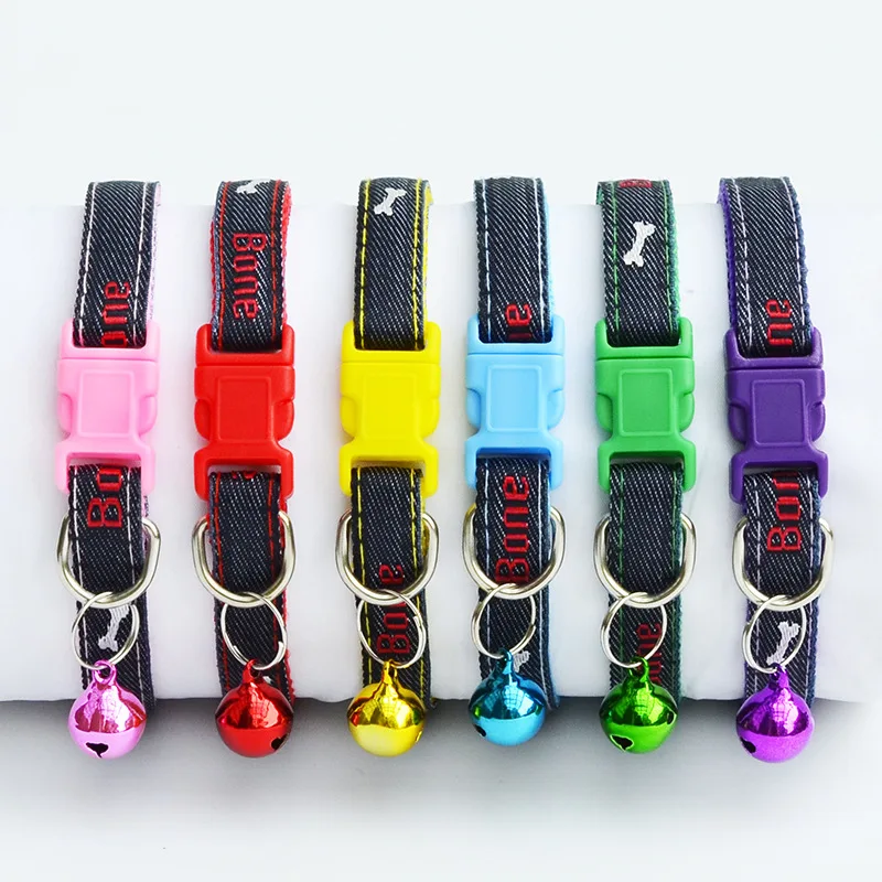 

Easy Wear Pet Dog Collar Jeans Bone Dog Neck Strap With Bell Adjustable Buckle Dogs Collars Puppy Pet Supplies Collar Perro