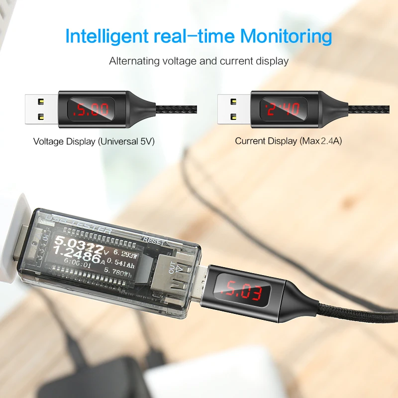 FLOVEME LED Digital Micro USB Cable Type-C Charger V/A Display Charge Data Braided Cable For Samsung Xiaomi USB-C Cable Cargador