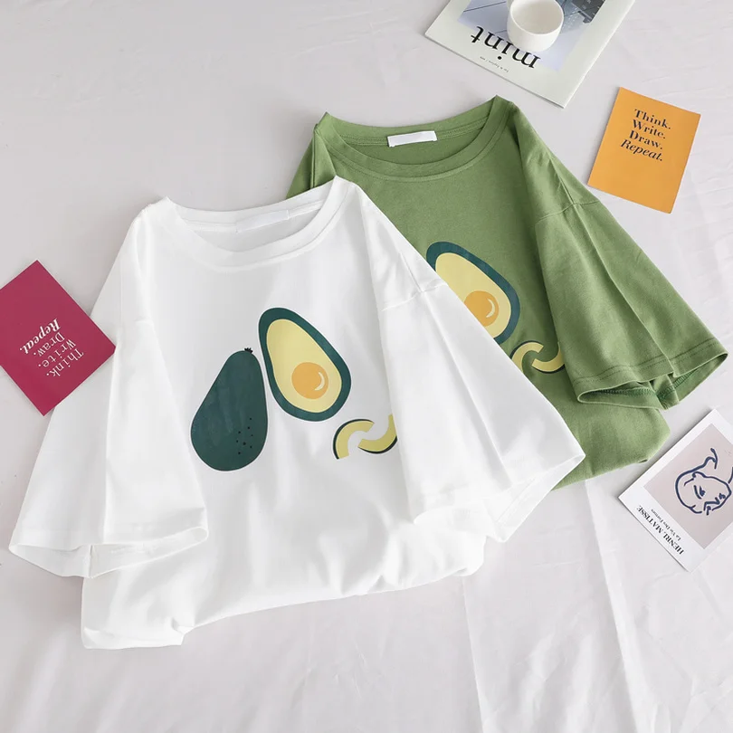 

TYHRU avocado green Printed Women t shirts Summer Loose Short Sleeved O-neck Casual Clothing Tops Tee