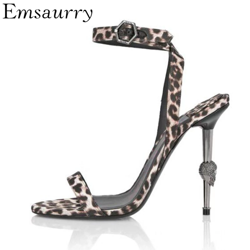 

Sexy Leopard One-strap Gladiator Sandals Women 10cm Metal Skull High Heels Ankle Strap New Summer Catwalk Sandalias Mujer