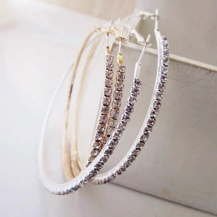 

Korea Exaggerated Fashion Large Big Circle Hoop Earrings with Full Rhinestone Copper Silver Gold Plated Round Earrings Punk