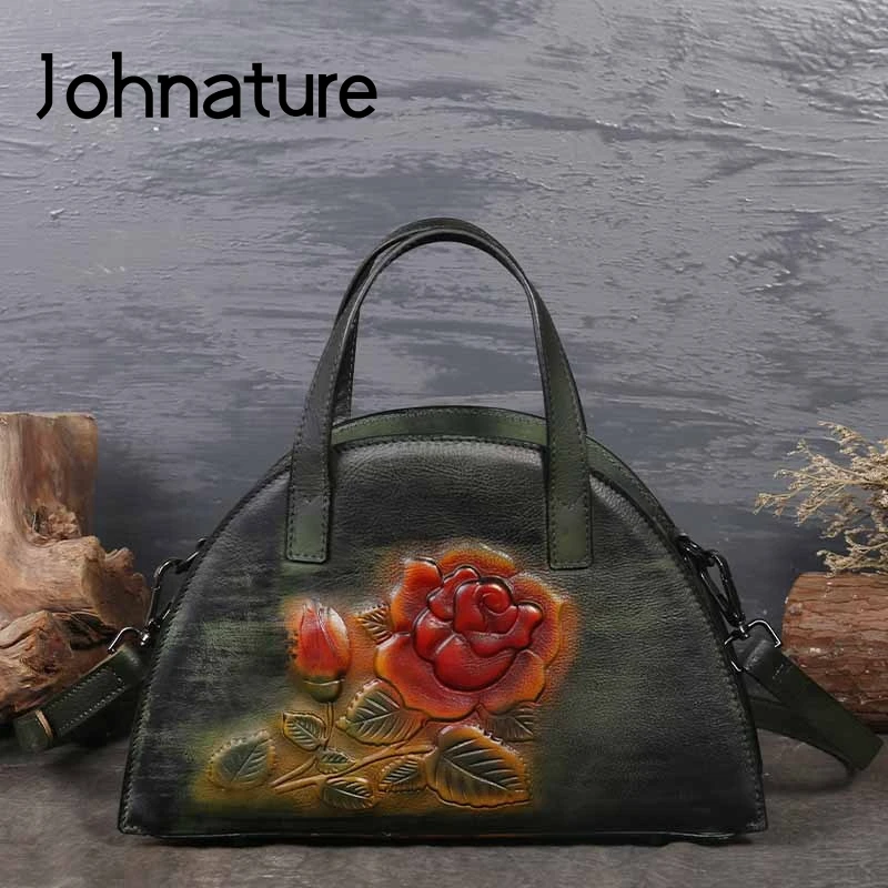 

Johnature 2020 New Genuine Leather Hobos Versatile String Soft Vintage Hand Painted Embossed Women Handbags & Crossbody Bags