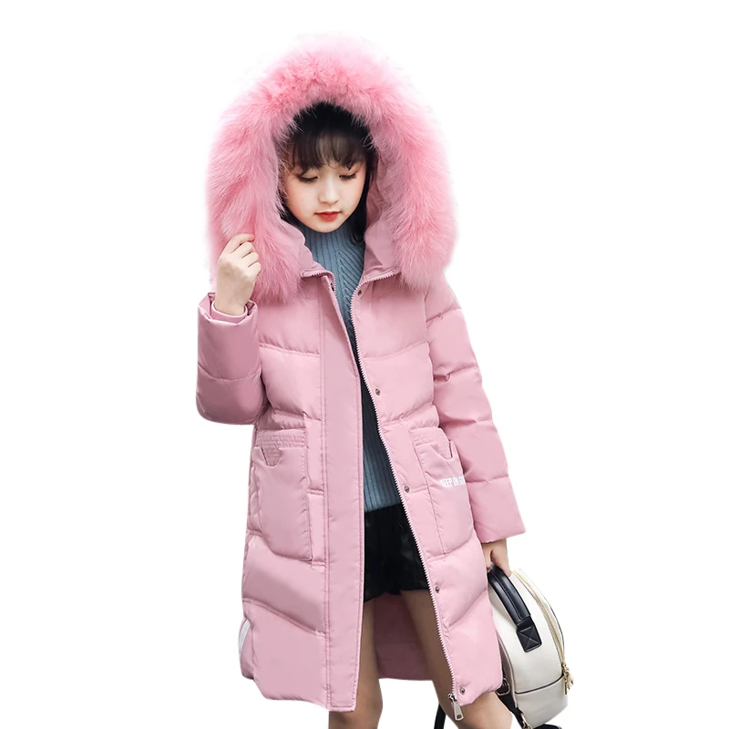 

-30 Degree 2018 Winter Duck Down Jacket Coat for Girls Medium-long Children Clothing Big Warm Girl White Duck True Fur Hood