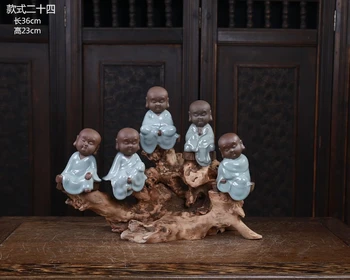 

5P -LARGE # home office High-grade Refined art " CHAN DAO " young Buddhist monk ceramics pottery Carving art +wooden statue