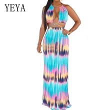 YEYA Two Piece Print Bohemian Maxi Dress Sexy Lace Up Open Back Summer Beach Dresses Sleeveless Women Long Dress Vestidos open back tribal print maxi dress