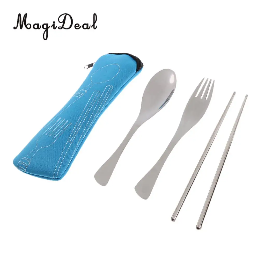 MagiDeal Stainless Steel Camping Tableware Outdoor Spoon Chopsticks Spoon Fork Picnic  BBQ Travel Portable Cutlery Set