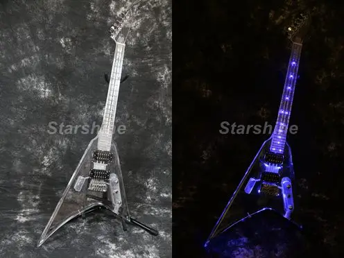 

Starshine LED Light Electric Guitar DK-FFL Full Acrylic Body& Neck Blue LED Pull/Push Switch Control LED Tremolo Bridge Chrome